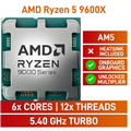 AMD Ryzen 5 9600X 6 Core 12 Thread 38M Cache up to 5.4GHz AM5 with Built-In Radeon Graphics Unlocked CPU Processor - OEM Pack Cooler Not Included